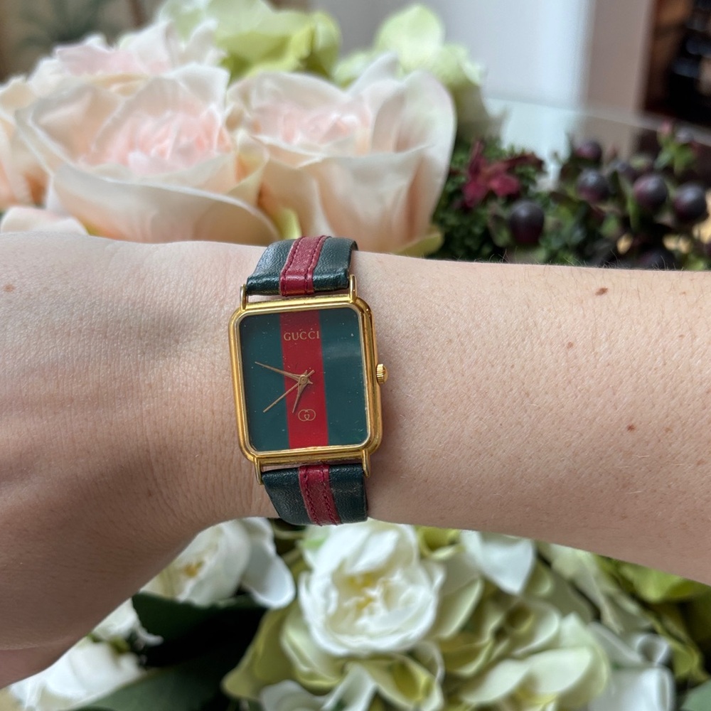 Gucci Gold-Tone Square Watch with Green and Red Stripe Dial